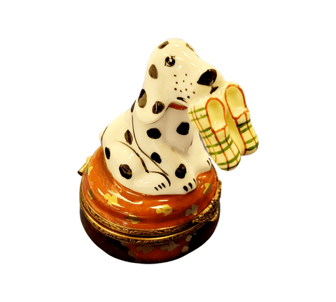 Dalmatian Dog Figurine with Slippers Porcelain Limoges Dog LIMOGES BOXES French Trinket Box