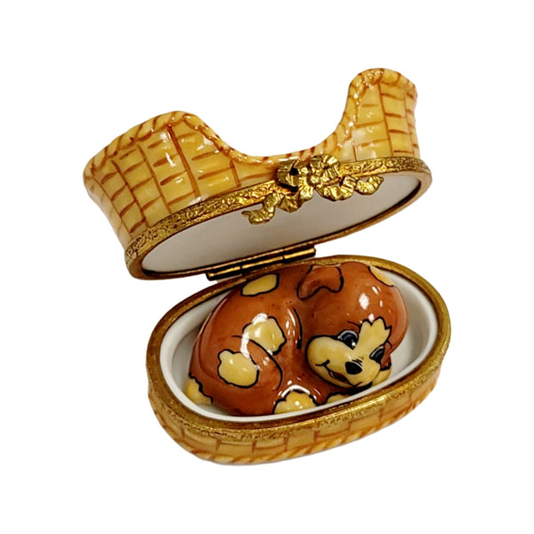 Charming Dog in Basket Decor Porcelain Limoges dog limoges box French Trinket Box