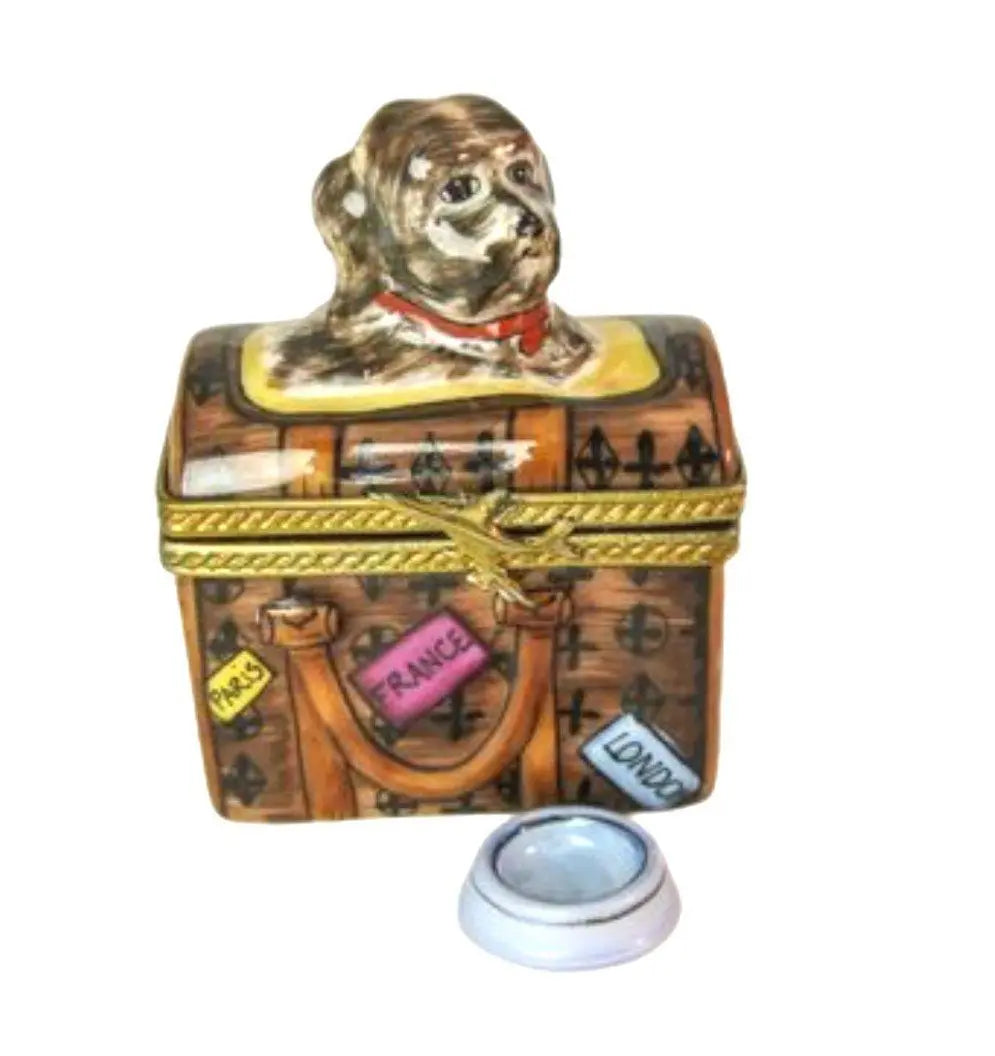 Dog in Travel Bag Porcelain Limoges dog limoges boxes bag French Trinket Box