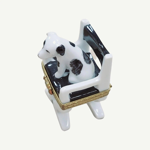 Dog on Director Chair Figurine Porcelain Limoges Dog Furniture French Trinket Box