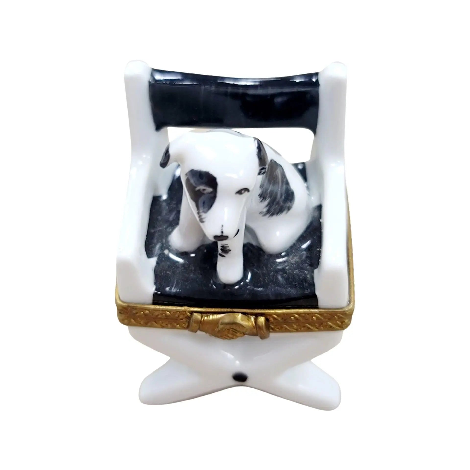 Dog on Director Chair Figurine Porcelain Limoges Dog Furniture French Trinket Box