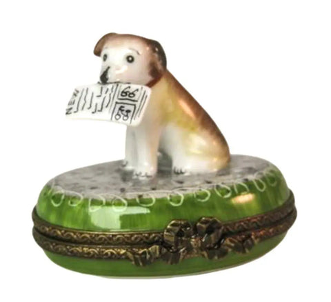 Dog w Newspaper Porcelain Limoges dog limoges boxes French Trinket Box