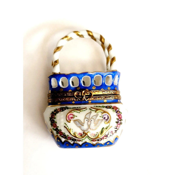 Doves in Decorative Basket Porcelain Limoges flowers garden purses French Trinket Box