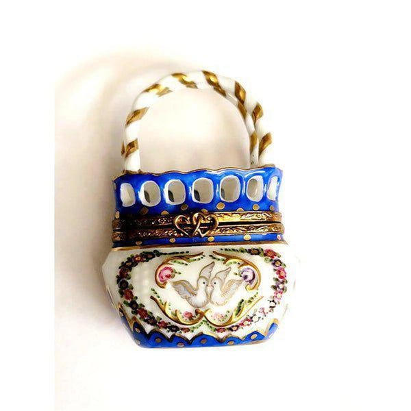 Doves in Decorative Basket Porcelain Limoges flowers garden purses French Trinket Box