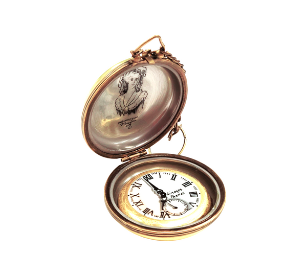 Elegant Gold Pocket Watch Porcelain Limoges professional home French Trinket Box