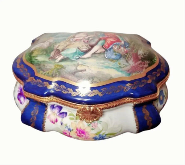 Exquisite Blue Limoges Jewelry Box Porcelain Limoges Jewelry Love Valentine French Trinket Box