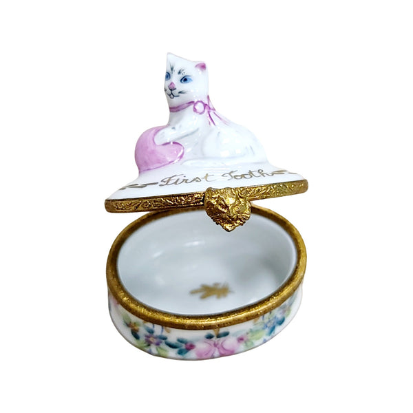 First Tooth Cat Keepsake Box Porcelain Limoges Baby French Trinket Box