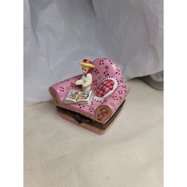 French Woman in Pink Chair Porcelain Limoges furniture fashion French Trinket Box