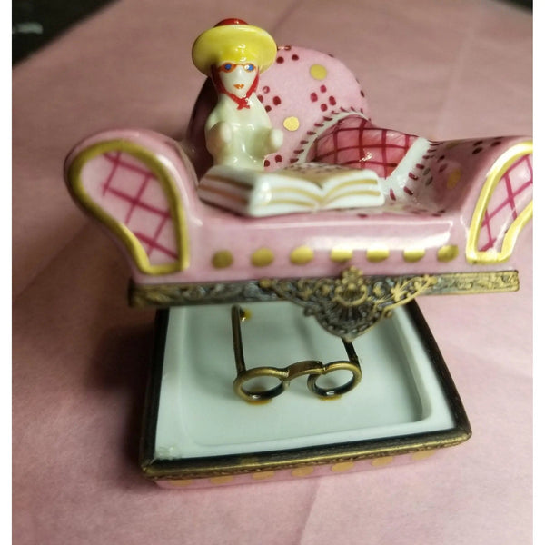 French Woman in Pink Chair Porcelain Limoges furniture fashion French Trinket Box