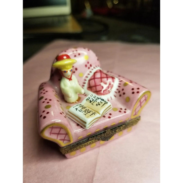 French Woman in Pink Chair Porcelain Limoges furniture fashion French Trinket Box