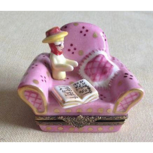 French Woman in Pink Chair Porcelain Limoges furniture fashion French Trinket Box