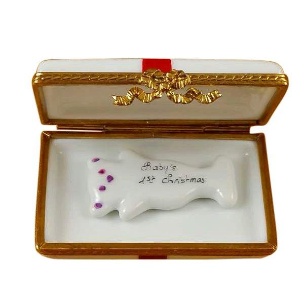 Gift with Red Bow - Baby's First Christmas - Pink Porcelain Limoges xmas theme French Trinket Box
