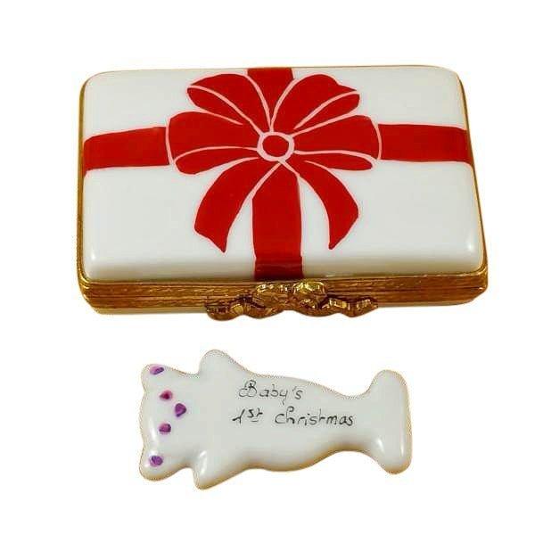 Gift with Red Bow - Baby's First Christmas - Pink Porcelain Limoges xmas theme French Trinket Box