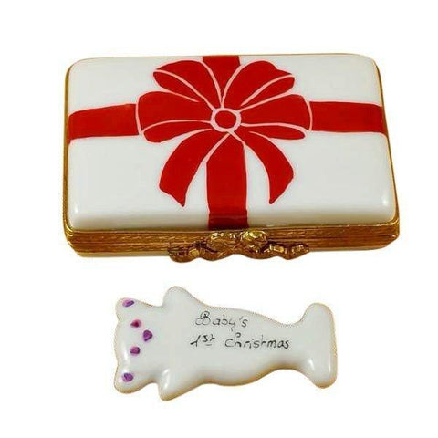 Gift with Red Bow - Baby's First Christmas - Pink Porcelain Limoges xmas theme French Trinket Box