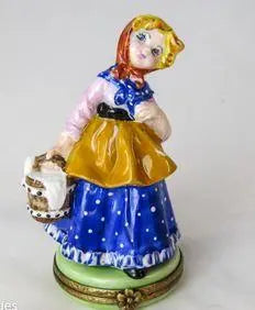 Girl w Milk Bucket Porcelain Limoges Professional Kids Baby Figurine French Trinket Box