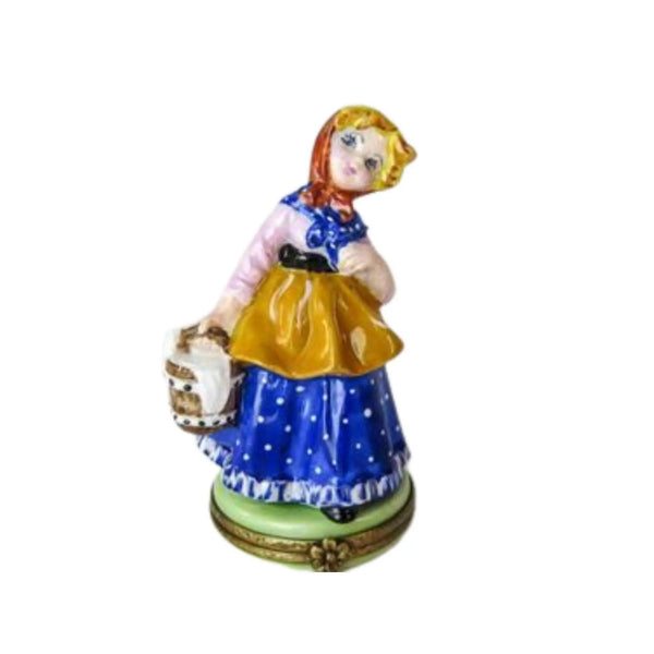 Girl w Milk Bucket Porcelain Limoges Professional Kids Baby Figurine French Trinket Box
