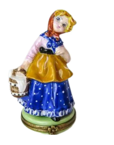 Girl w Milk Bucket Porcelain Limoges Professional Kids Baby Figurine French Trinket Box
