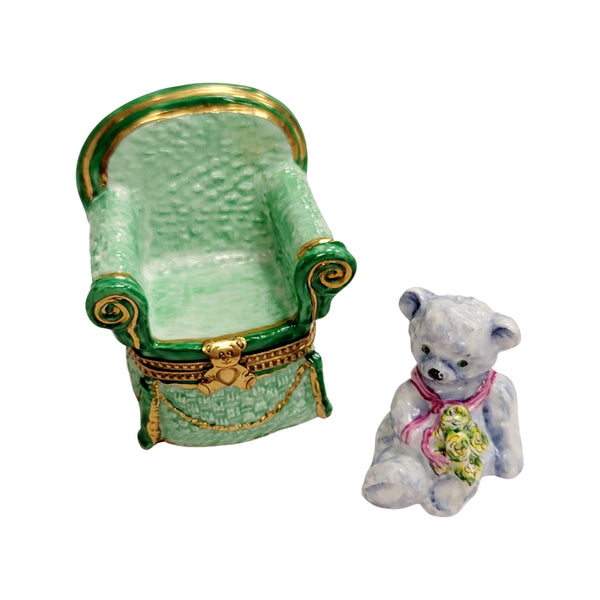 Gray Teddy Bear in Chair Porcelain Limoges Teddy furniture French Trinket Box