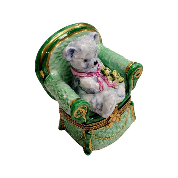 Gray Teddy Bear in Chair Porcelain Limoges Teddy furniture French Trinket Box