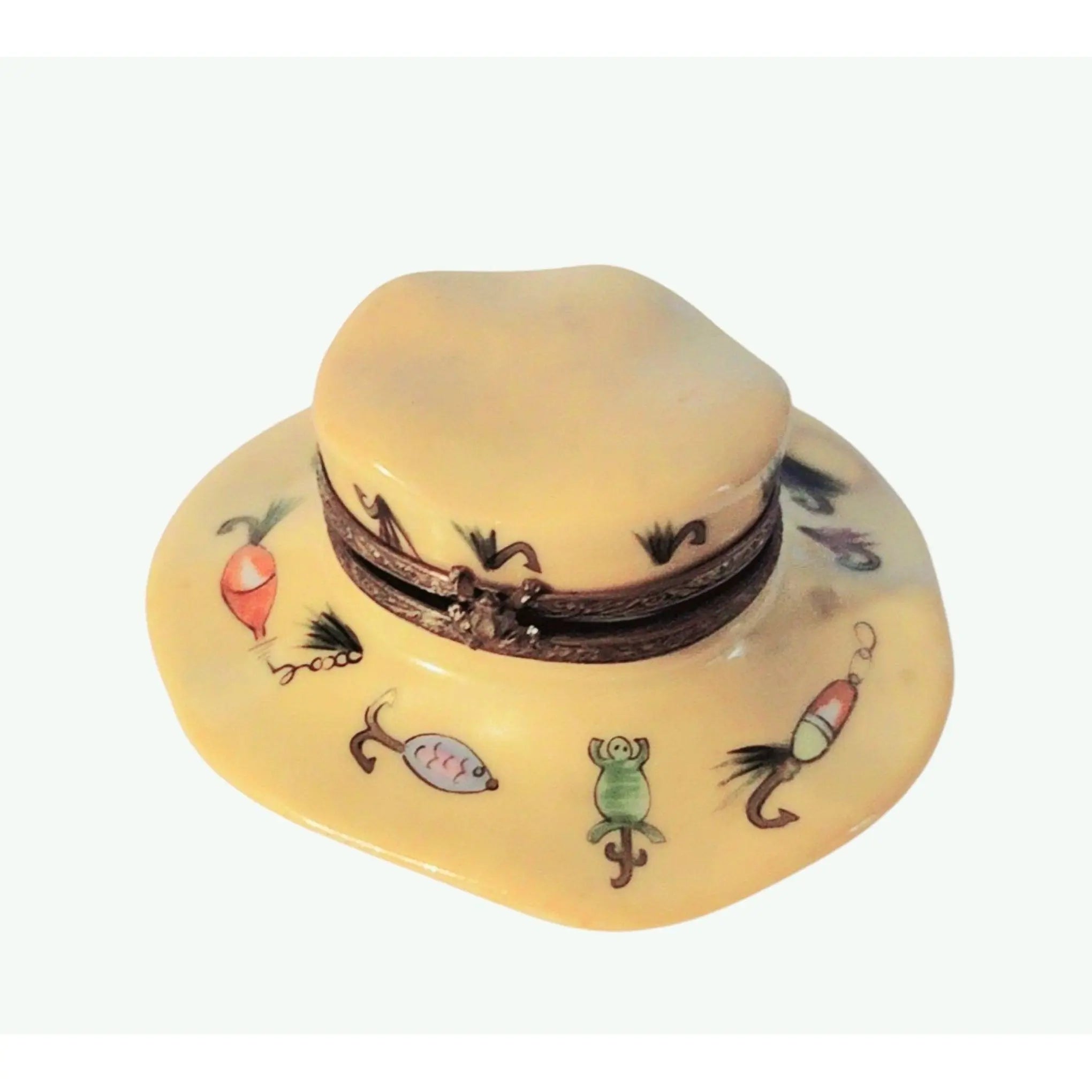 Hand-Painted Fishing Hat Box Porcelain Limoges French Trinket Box