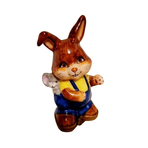 Happy Rabbit and Mouse Figurine Porcelain Limoges French Trinket Box