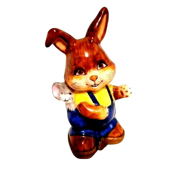 Happy Rabbit and Mouse Figurine Porcelain Limoges French Trinket Box