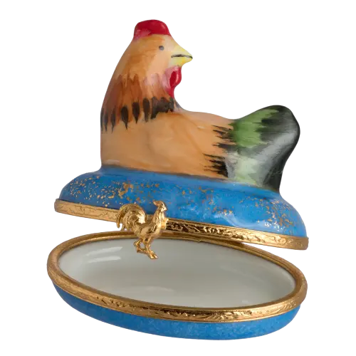 Hen On Blue Base Porcelain Limoges Farm Birds French Trinket Box