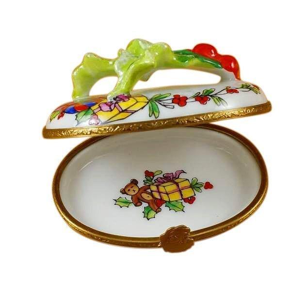 Holly Leaf on Oval Porcelain Limoges xmas theme French Trinket Box