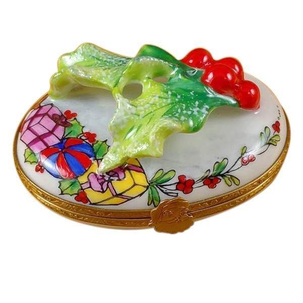 Holly Leaf on Oval Porcelain Limoges xmas theme French Trinket Box