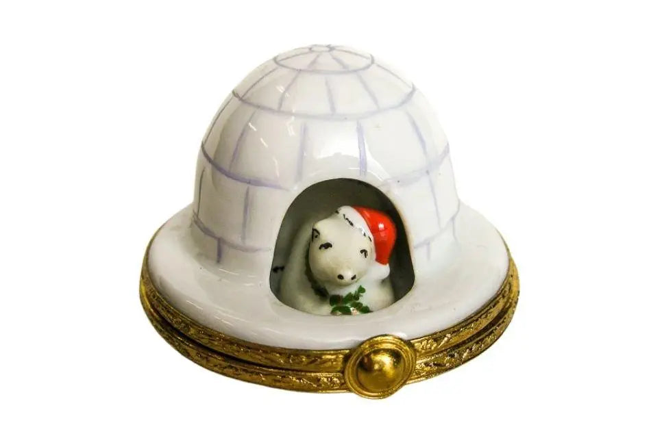 Igloo Santa Polar Bear Artoria Porcelain Limoges xmas snow winter bear French Trinket Box