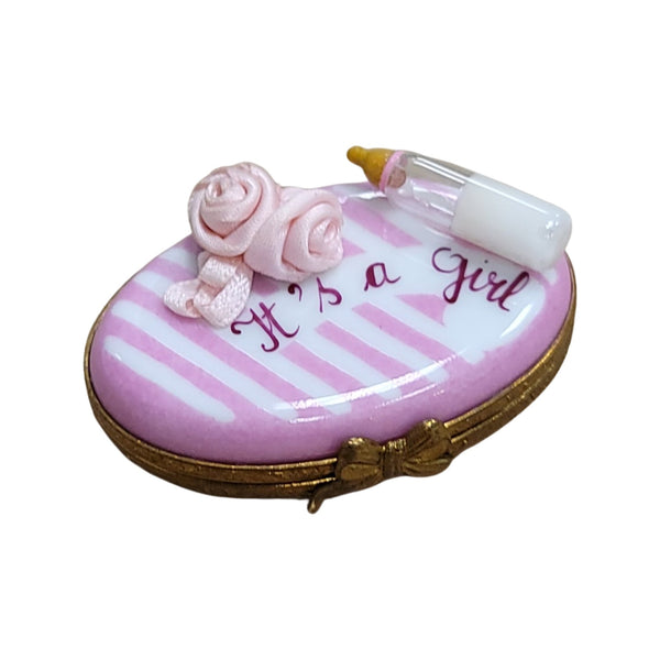 It's a Girl Baby Bottle Figurine Porcelain Limoges Limoges Boxes baby figurine maternity French Trinket Box