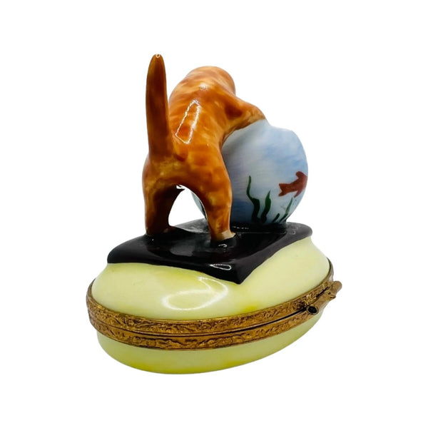 Kitten w Fish Bowl Porcelain Limoges Cat French Trinket Box
