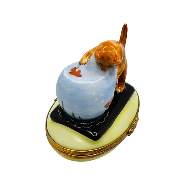 Kitten w Fish Bowl Porcelain Limoges Cat French Trinket Box