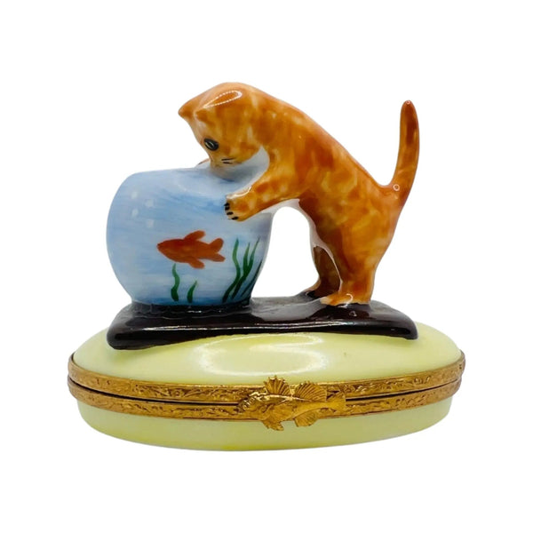 Kitten w Fish Bowl Porcelain Limoges Cat French Trinket Box