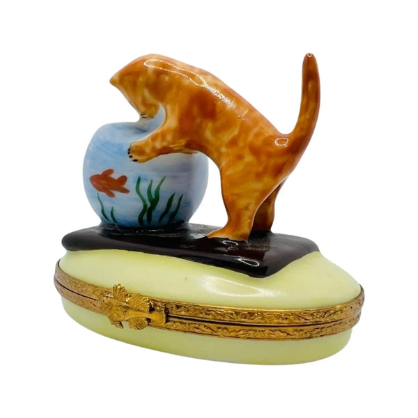 Kitten w Fish Bowl Porcelain Limoges Cat French Trinket Box