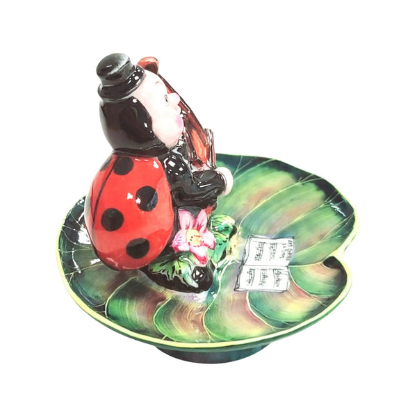 Ladybug Musician on Lillypad Porcelain Limoges frog LIMOGES BOXES bugs critters French Trinket Box