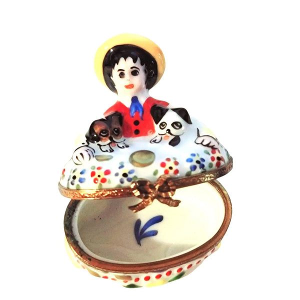 Large French Child w Puppies Porcelain Limoges Kids Carnival France French Trinket Box