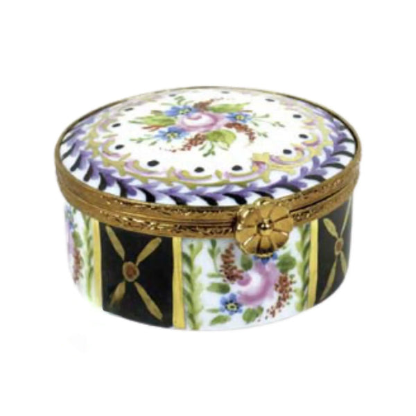 Large Round Malmaison Noir Porcelain Limoges Traditional French Trinket Box