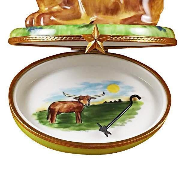 Lazy Longhorn Bull with Star Branding Iron Porcelain Limoges farm animals French Trinket Box