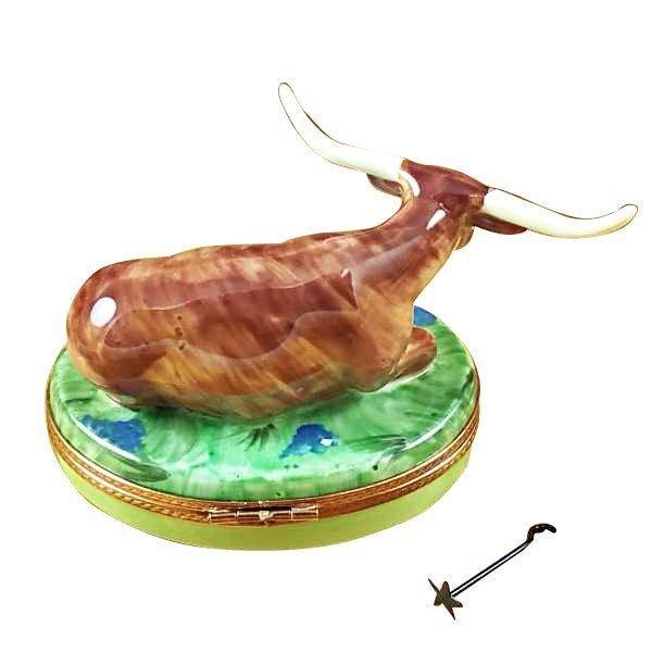 Lazy Longhorn Bull with Star Branding Iron Porcelain Limoges farm animals French Trinket Box