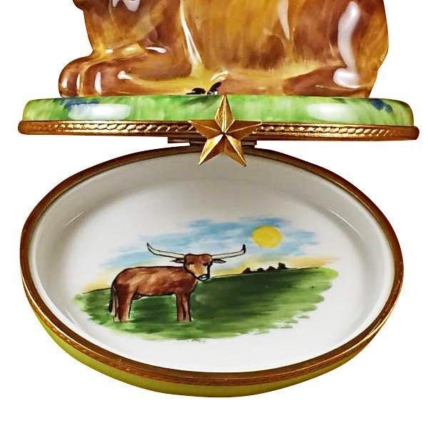 Lazy Longhorn Bull with Star Branding Iron Porcelain Limoges farm animals French Trinket Box