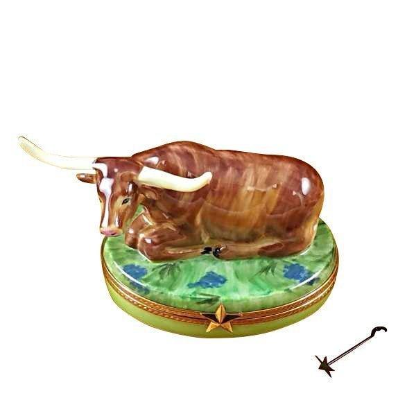 Lazy Longhorn Bull with Star Branding Iron Porcelain Limoges farm animals French Trinket Box