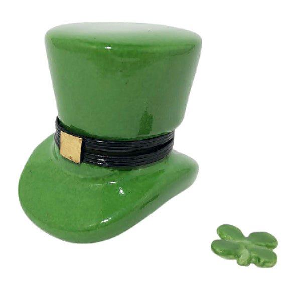 Leprechaun Hat Irish with a Removable Four Leaf Clover Porcelain Limoges special occasions travel French Trinket Box