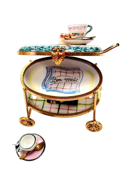 Light Blue Tea Cart Figurine Porcelain Limoges Home China Xmas Theme French Trinket Box