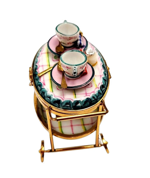 Light Blue Tea Cart Figurine Porcelain Limoges Home China Xmas Theme French Trinket Box