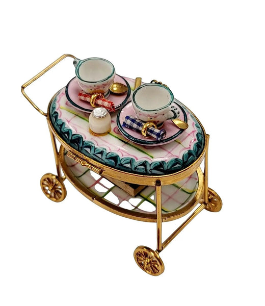 Light Blue Tea Cart Figurine Porcelain Limoges Home China Xmas Theme French Trinket Box