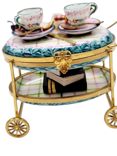 Light Blue Tea Cart Figurine Porcelain Limoges Home China Xmas Theme French Trinket Box