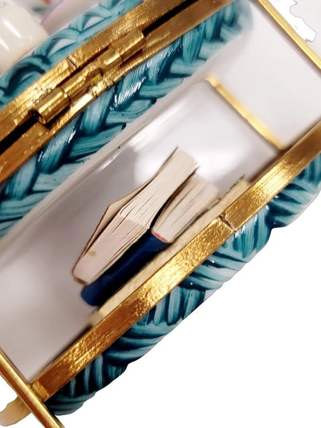 Light Blue Tea Cart Figurine Porcelain Limoges Home China Xmas Theme French Trinket Box