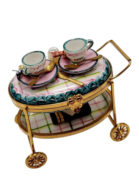 Light Blue Tea Cart Figurine Porcelain Limoges Home China Xmas Theme French Trinket Box