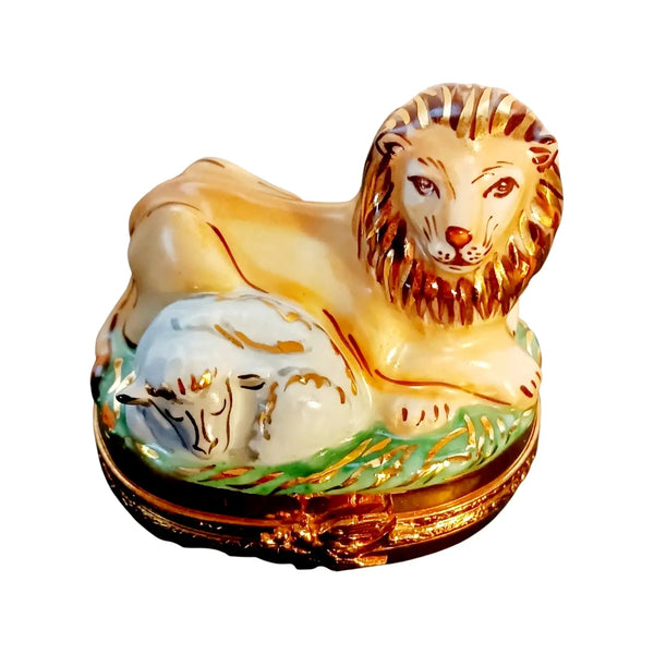 Lion And Lamb Jewish Christian Porcelain Limoges lion baby religion spiritual myth French Trinket Box